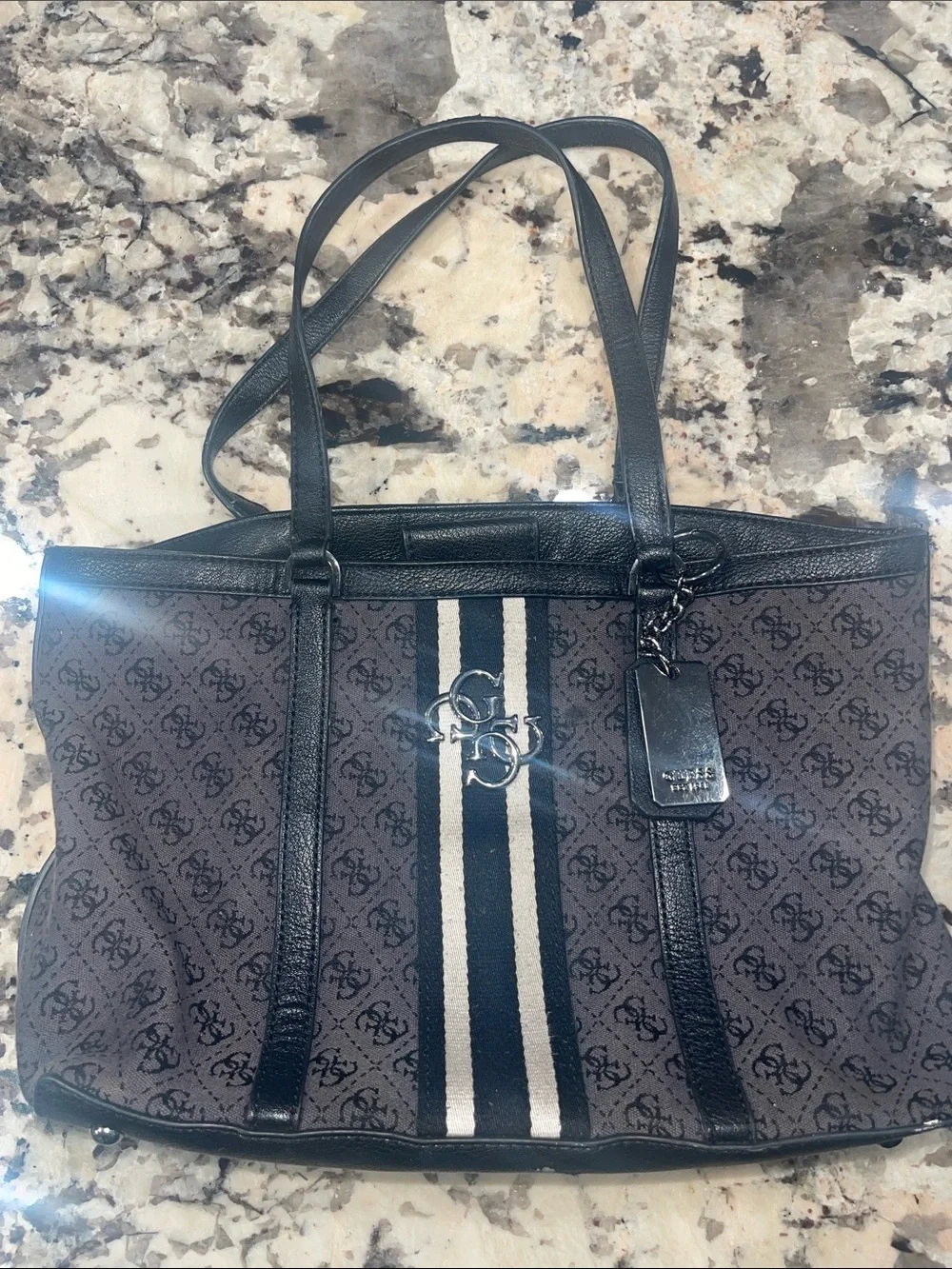 Guess by Marciano Brown and Black Monogram Stripe Tote